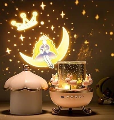 Veilleuse projecteur carrousel lapin, 6 films, lampe LED rotative 360°, projection d'étoiles pour une ambiance magique dans la chambre d'enfant,
