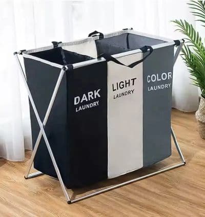 GRAND PANIER À LINGE PLIABLE 3 COMPARTIMENTS (60×65×40 CM)