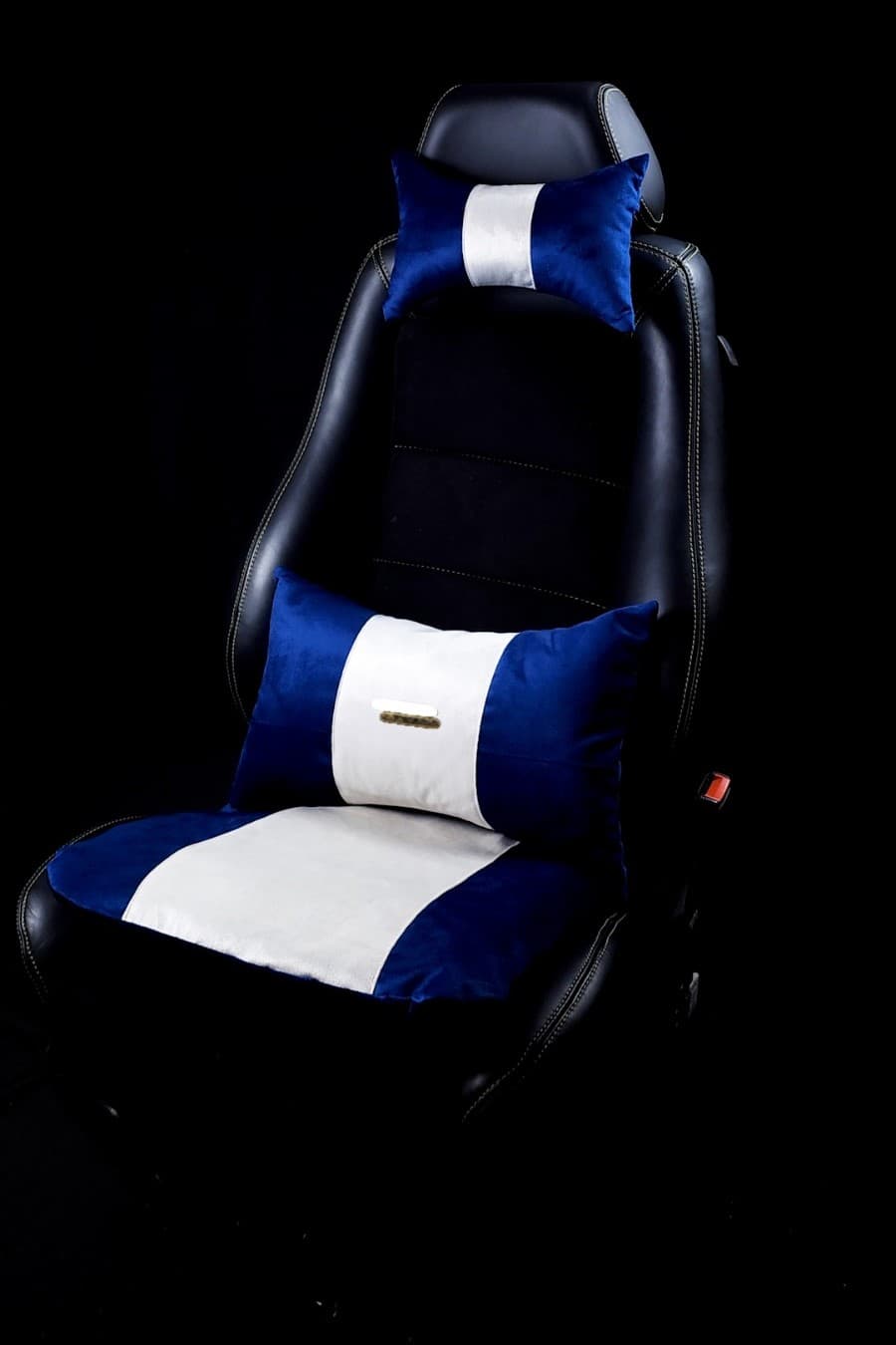 Pack Drive Confort : Assise + Coussin de Dos + Repose-Tête en bleu et blanc