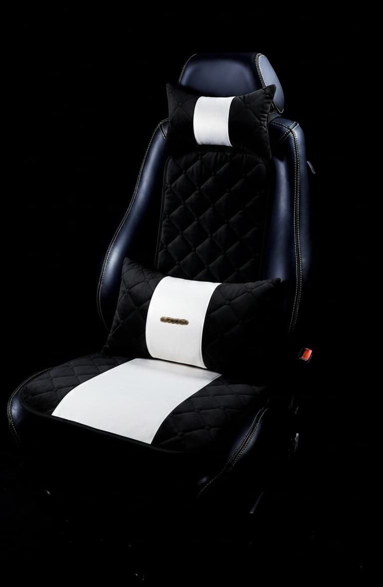 Pack Drive Confort : Assise + Coussin de Dos + Repose-Tête en noir et blanc