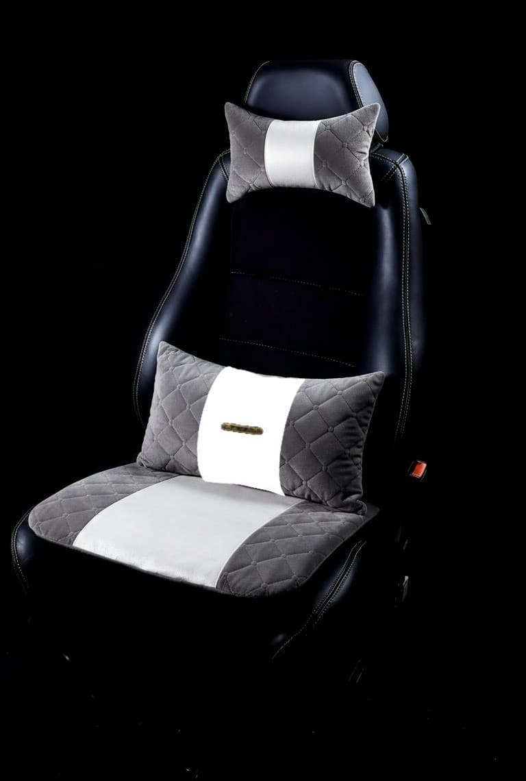 Pack Drive Confort : Assise + Coussin de Dos + Repose-Tête en gris et blanc