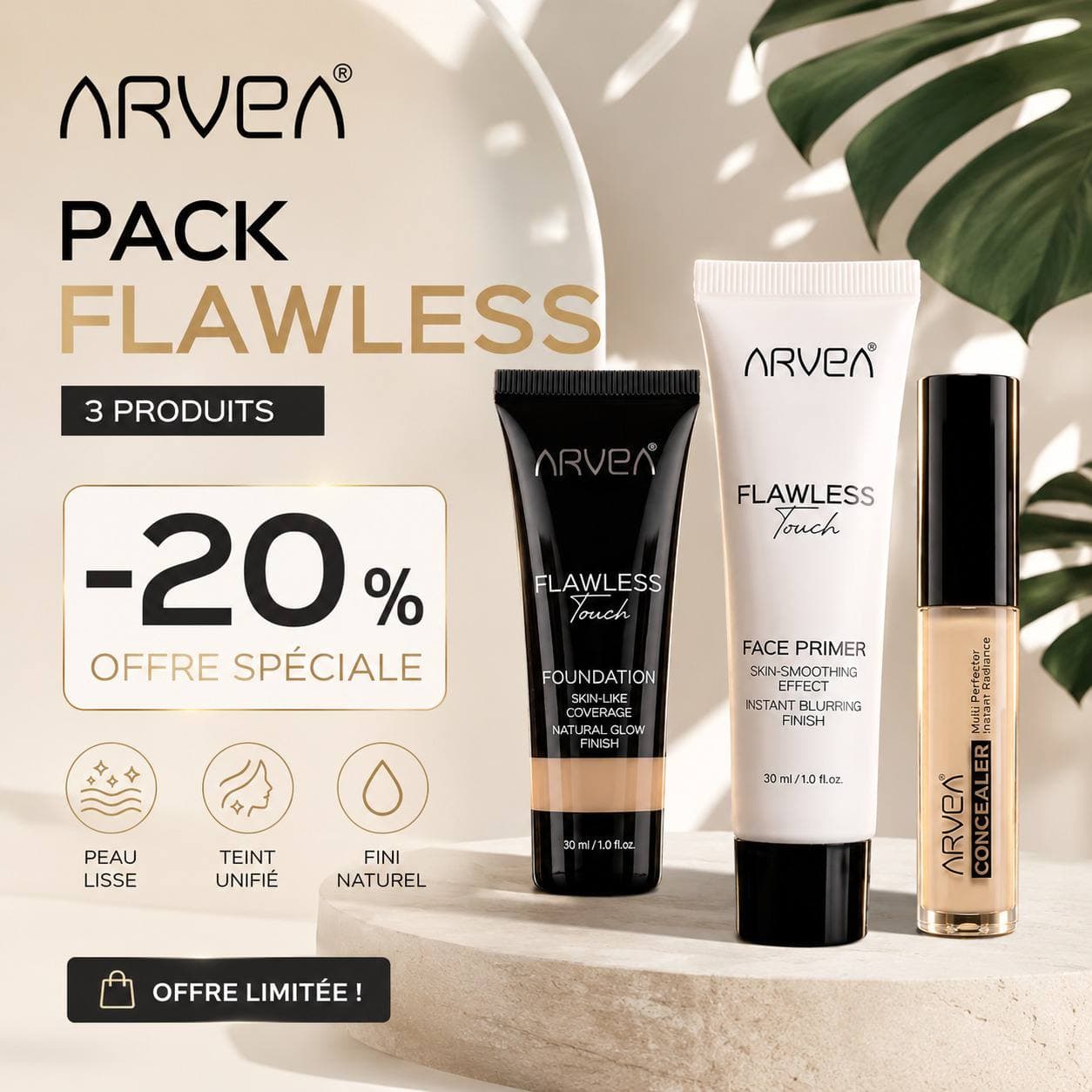 Arvea flawless touch-primer,fond de teint & concealer