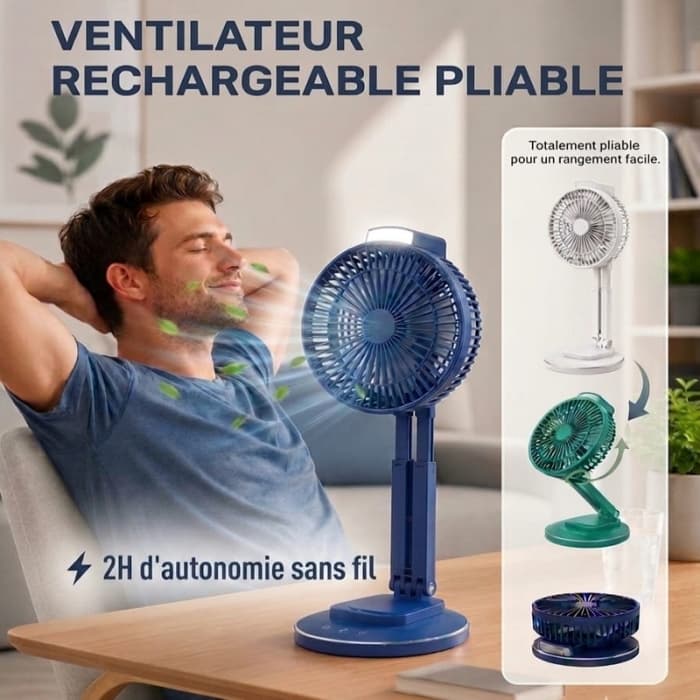 Ventilateur Pliable 2en1 Avec Éclairage LED – Rechargeable & Hauteur Ajustable