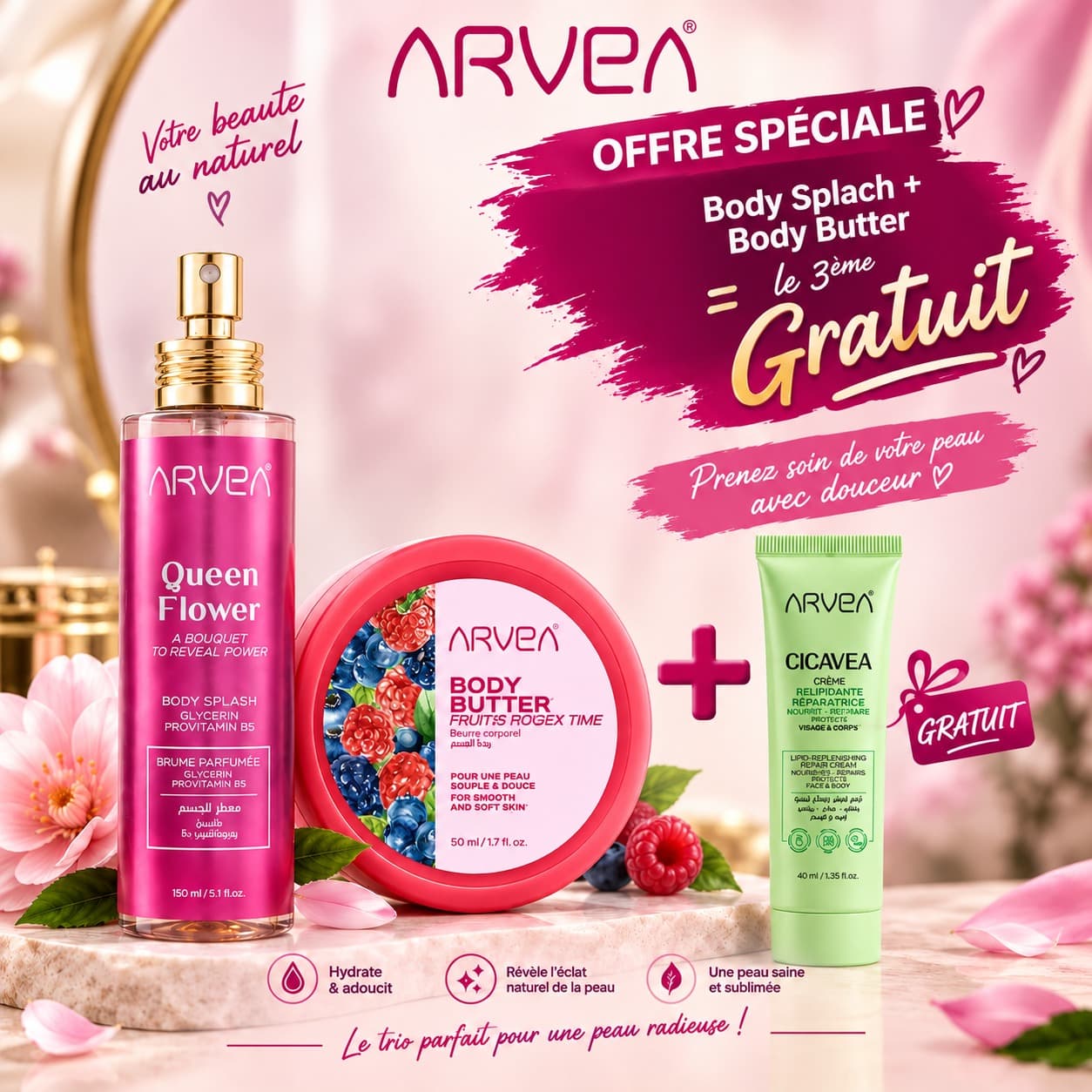 Pack soin Forsa with love - brume Queen Flower, beurre corporel et crème Cicavea