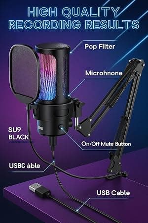 Kit Microphone USB Studio avec Bras Articulé et Filtre Anti-Pop