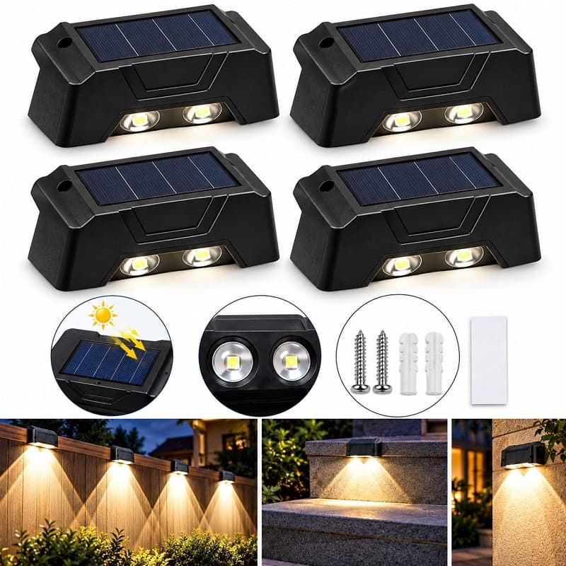 4 Lampes Solaires Étanches 2 LED, applique Pour Clôture, Jardin, Extérieur