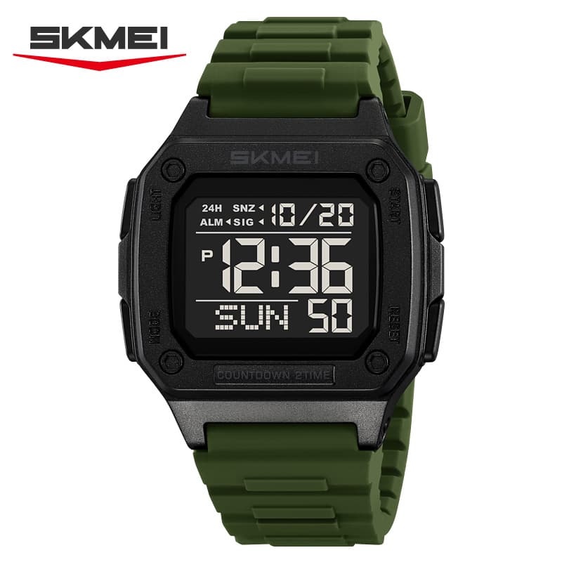 Montre sport électronique SKMEI 2456 vert armée, boîtier carré, avec alarme et chronomètre, bracelet en silicone étanche.