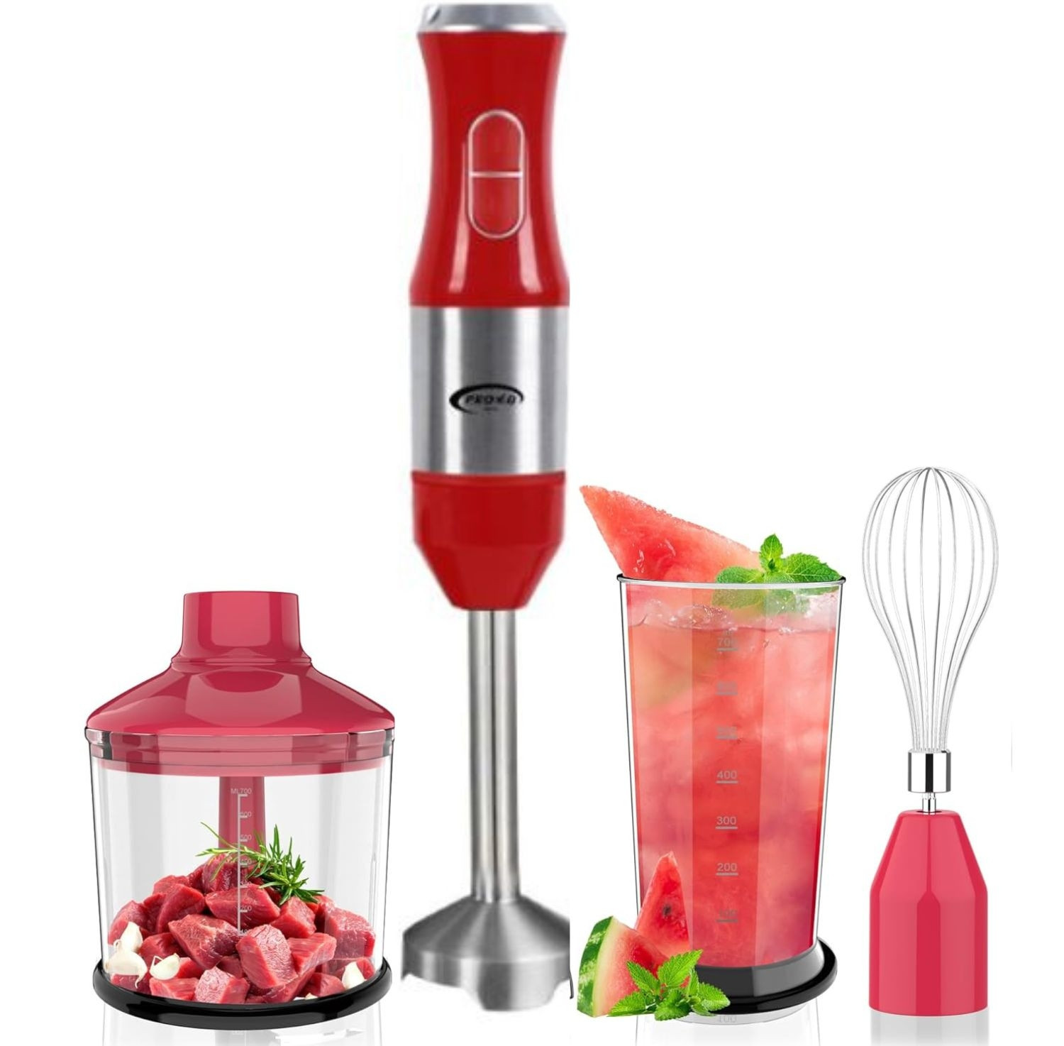 PROVA Mixeur Plongeant Rouge Multifonction 4 en 1 600W